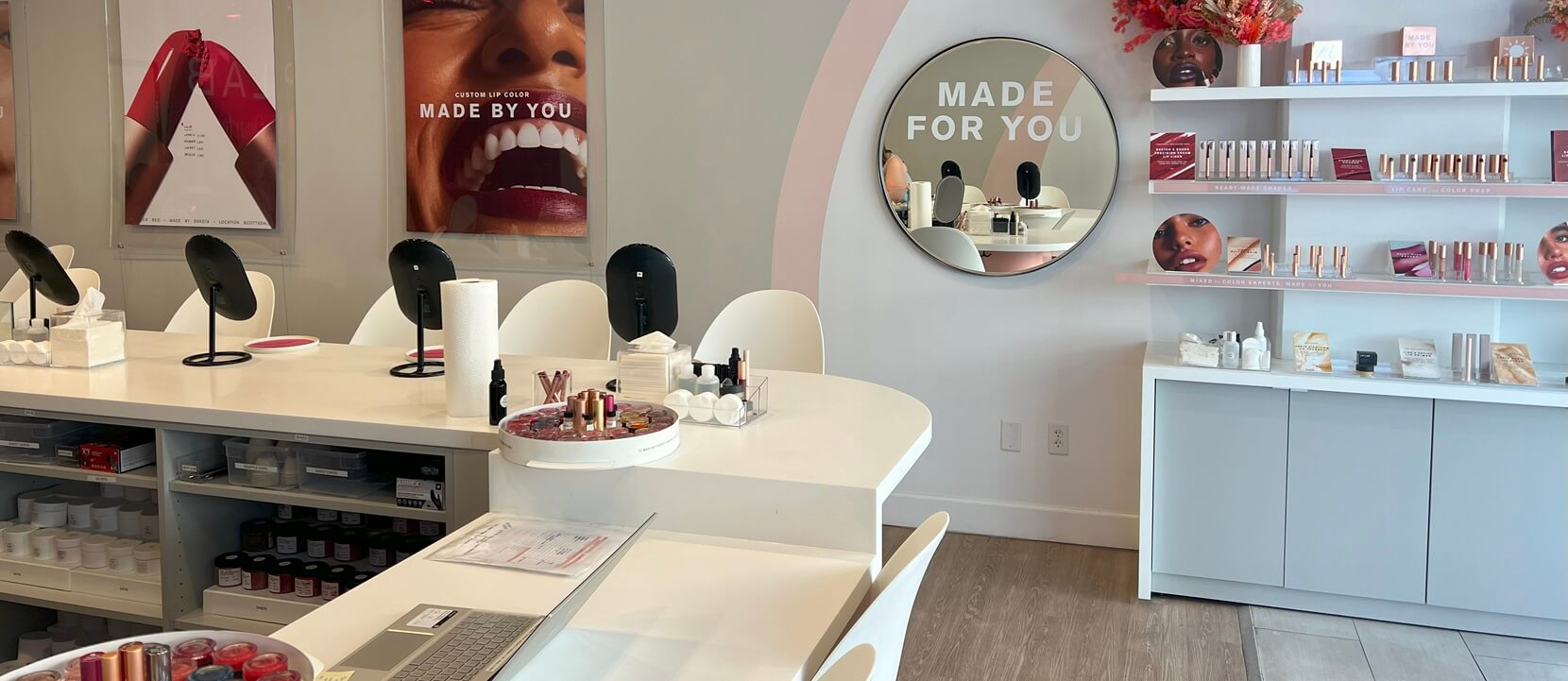 Lip Lab Scottsdale AZ beauty counter and display case featuring installation done by Nationwide Fixture Installations