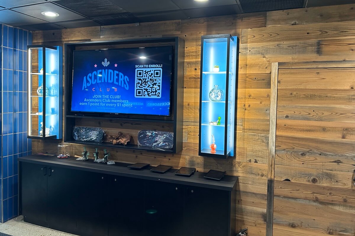 Ascend Cannabis Dispensary display case featuring installation done by Nationwide Fixture Installations