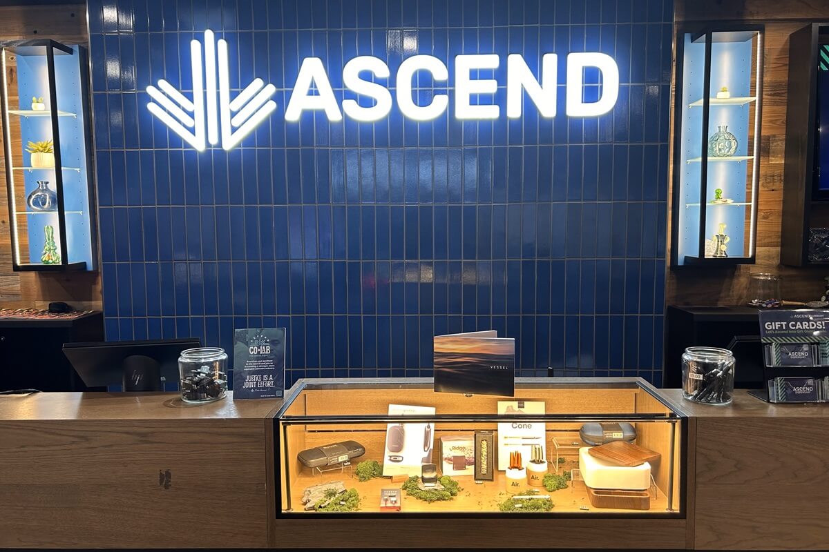 Ascend Cannabis Dispensary Crofton MD display case and sign featuring installation done by Nationwide Fixture Installations
